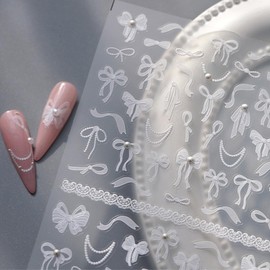 5D Embossed Bow Nail Art Stickers Self-Adhesive Decals With Pearl Design for Spring Summer DIY Manicure - White Ribbon Nail Supplies for Women Girls