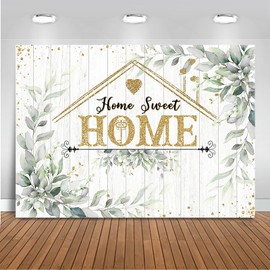 Mocsicka Housewarming Backdrop Greenery Leaves Home Sweet Home Background for New House Party Decorations Gold Welcome Home We Got The Key Family Photography Background (7x5ft(82''x60''), Green)