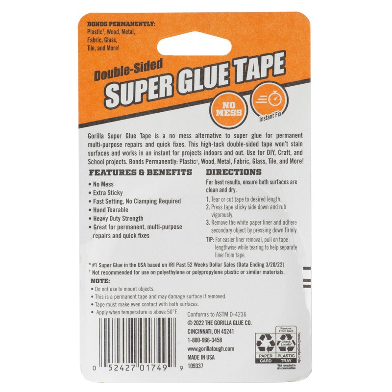 Gorilla Super Glue Tape, Multi-Purpose, Permanent, Double Sided, High Tack,