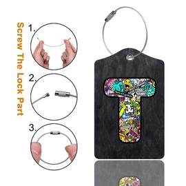 2 Pack Initial Luggage Tag for Suitcase, Cool Letter Unique Leather Bag Tags Identifiers Privacy Cover ID Label with Durable Steel Loop for Women Men Kids Girls Travel, Letter T