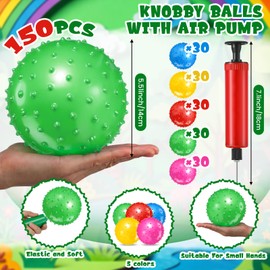 Lenwen 150 Pcs Knobby Balls Bulk 5.5 Inch Bouncy Balls Inflatable Sensory Toys with Air Pump Spiky Massage Stress Ball Bouncy Party Favors Gifts for Playground Backyard Pool Office, 5 Color