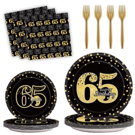 96 Pcs 65th Birthday Party Supplies 65th Birthday Tableware Plates Cheers to 65 Years Table Decorations Dinnerware Happy 65th Birthday Party Favor for Men Woman Sixty-five Years Birthday 24 Guests