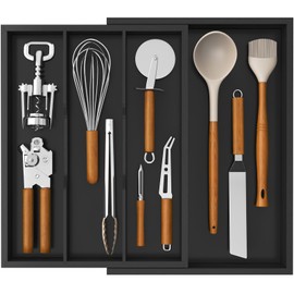 Lifewit Utensil Drawer Organizer, Expendable Cooking Silverware Tray for Kitchen Drawer, Bamboo Adjustable Cutlery Flatware Holder, Spatula Tools and Gadgets Storage Divider, 4 Compartments, Black