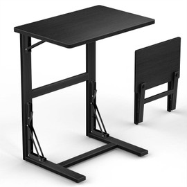 Tatub 24'' Folding TV Tray Table, Bamboo C Shaped End Table Slide Under Couch, Small Sofa Side Laptop Desk for Living Room, Bedroom, Black