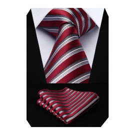 HISDERN Striped Wedding Tie Handkerchief Men's Necktie & Pocket Square Set, One Size, Red / Gray