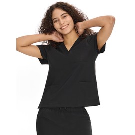 COZYFIT Scrub V-Neck Tops for Women, Soft Stretch Women's Tops Easy Care with 3 Pockets, Black, XXL