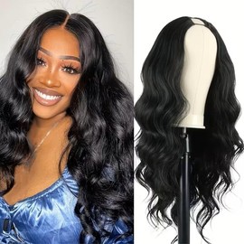 Curly V Part Wig Body Wave Half Wigs for Black Women, Curly Synthetic Wig Yaki Wear and Go Glueless Wig, Long Wavy Half Wig Heat Resistant Clip in Wig Beginner Friendly for Daily Wear, 24 Inch, #2
