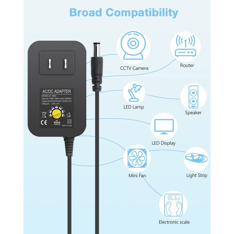 Aclorol Universal Power Adapter 30W 12V 9V 7.5V 6V 5V
