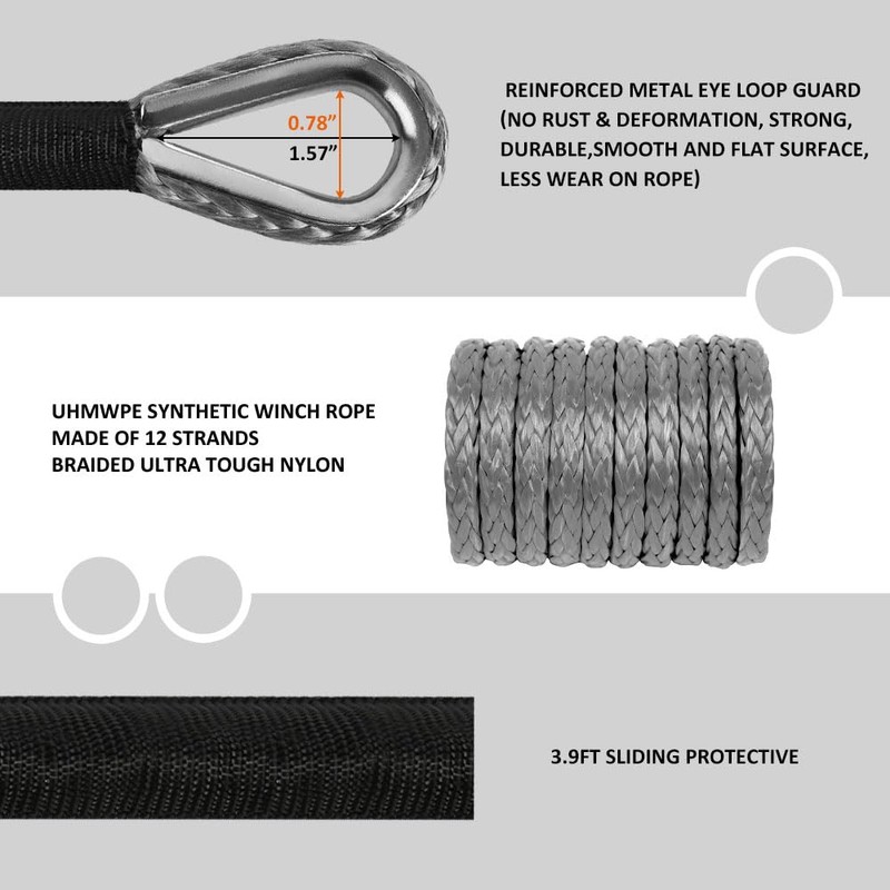 ZESUPER 1/4''x 50ft 10000LBs Synthetic Winch Rope Winch Rope Cable