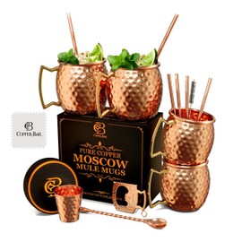 COPPER-BAR Moscow Mule Copper Mugs - Unique HANDCRAFTED Gift Set of 4, Hammered by Artisan, 100% Pure Solid Copper Cups 16oz for Drinking Water & Cocktails, Include 19 Pcs accessories & Special Opener
