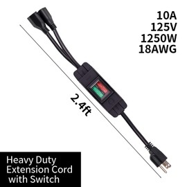 Gesepa 2.4Ft 3 Prong Extension Cord with Switch Power Cord 18AWG 2 Way Heavy Duty Plug Splitter 10A/125V/1250W