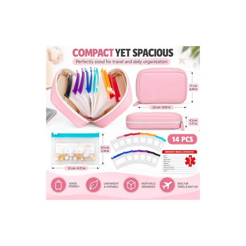 A8 Waterproof Pill Organiser for Travel with 14 Pill Pouch