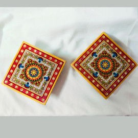 craftslook Marble Puja Chowki 4” Pair – Hand-Painted Floral Design with Kundans | Ethnic Kalash Chaurang for Pooja Items, Home Mandir & Festivals | Decorative Marble Platform for Temple & Rituals