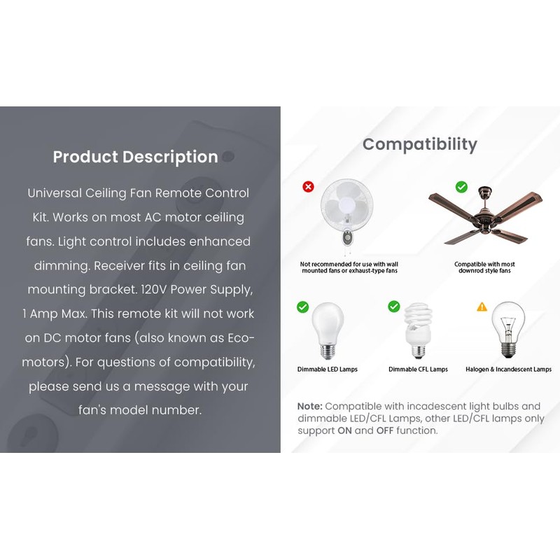 Universal Ceiling Fan Remote Control Kit EZ Grip Buttons, 4-Speed
