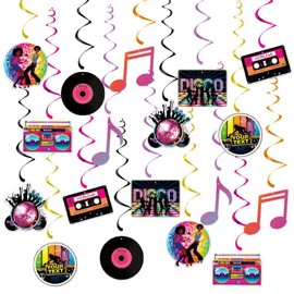 Retro Disco Music Party Decorations 18pcs Disco Ball Rock Music Note Record 70s 80s Jukebox Party Hanging Swirls Ceiling Decor for Disco Hip Hop Birthday Bachelor Rock Neon 80s Party Decorations