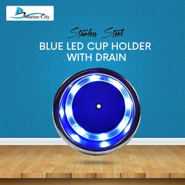 MARINE CITY 304 Stainless Steel 8 Blue LED Lights Cup Holder with Drain - Ideal for Marines, Yachts, Ships - 10 Pcs