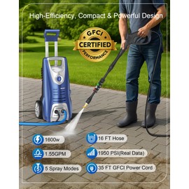 1600W Washer with 5Nozzles Set&Foam Cannon,16ft Hose,Adjustable Handle,Power Washer for Driveways, Cars, Fences, Decks, Patios&Outdoor Cleaning