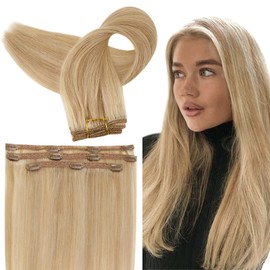 RUNATURE Hair Extensions Clip in Human Hair Blonde Real Hair Clip in Extensions 3pcs 50g 18 Inch Gloden Blonde Highlight with Light Blonde Double Weft Clip in Remy Hair Extensions