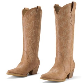 Rollda Cowboy Boots for Women Cowgirl Boots Embroidered Knee-High Western Boots Pointy Toe with Chunky Heel Tan Size 10
