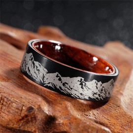 Adreamz Mens Black Titanium Mountain Rings Landscape Wedding Band for Men 8mm Black Comfort Fit Inner Hole Inlay Wood Liner Outdoor Climber 10.5