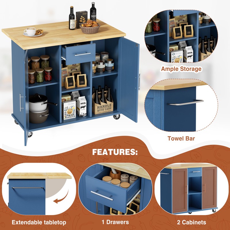 JY QAQA 42" Kitchen Island with Storage on Wheels, Rolling