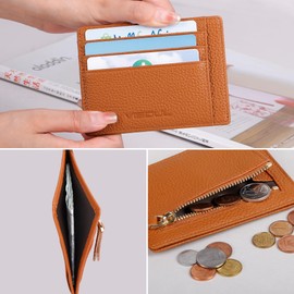 VISOUL Slim Credit Card Holder for Women RFID Blocking, Womens Small Leather Wallet with Zip Coin Pocket (Brown)