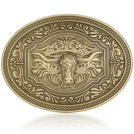 HUABOLA CALYN Western Cowboy Cowgirl Belt Buckle, Vintage Long Horn Bull Belt Buckle Rodeo Texas Oval Shape Buckles with Flower Patern