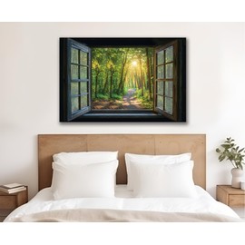 WOOHOOROO Fake Window Decal for Home Decor-Enchanting Woodland Landscape with Tall Trees, Sunlit Trail, and Warm,Golden Glow Mural,24" x 36"