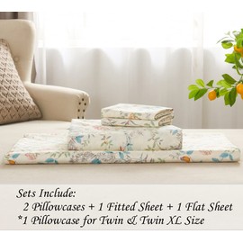 DAUAOTO Cotton Sheets Set California King Printed Bedding Sets, Bird Botanical Pattern Bedlinen for Cal King Bed Up to 14" Deep Mattress Cream