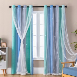 XiDi Cortinas para Niños 213 cm Caída con Vizón para Tratamiento de Ventanas Oscurecimiento de la Sala Cortinas Recortadas de Estrella Coloridas Reducción de Ruido Green BlueGrey/86/213/2 MX