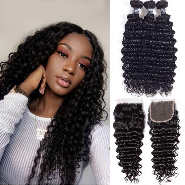 Amella Hair Brazilian Deep Wave 3 Bundles With Closure Human Hair Extensions Virght Hair Natural Black Color Can Be Dyed and Bleached(14 16 18+ 12,Natural Black)