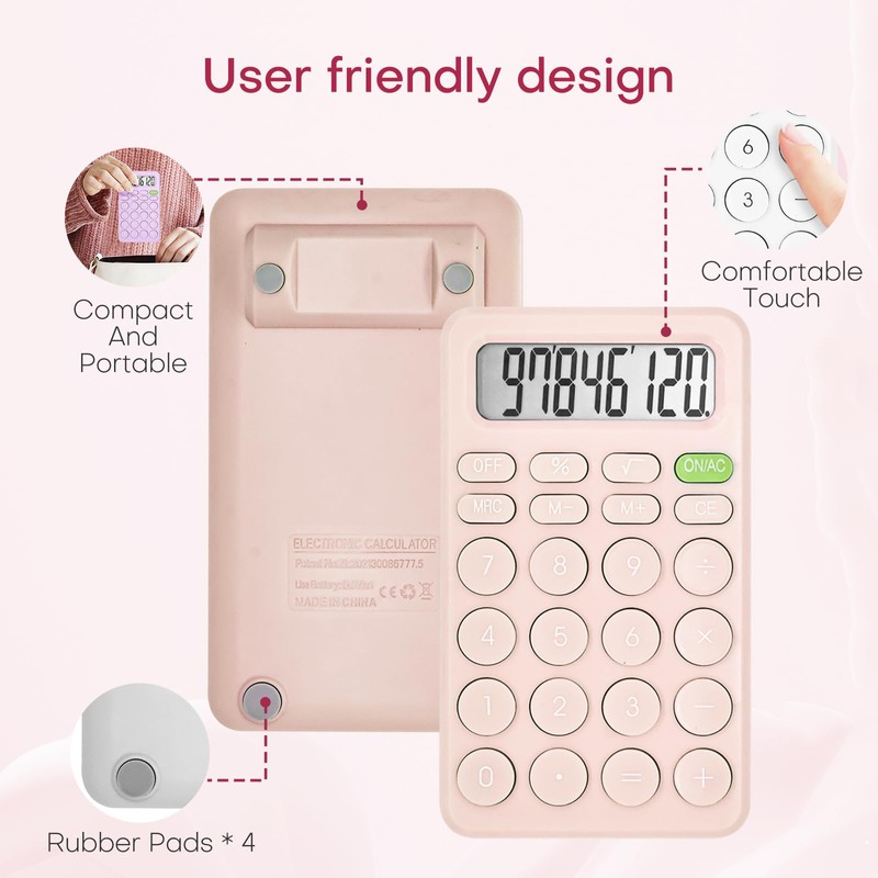 TuviKai Cute Pink 8-Digit LCD Calculator, Basic Four Function for