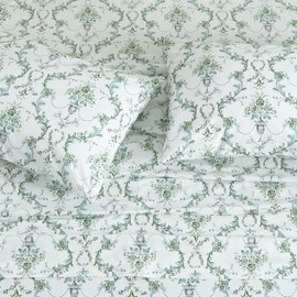 DAUAOTO 100% Cotton Bedding Printed Sheets Set for King Size Bed Up to 14" Deep Mattress, Botanical Vines Pattern Bedlinen Sets, Green