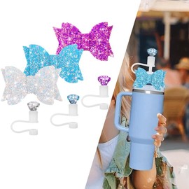 3 sets 3.5 inch Bow Ties and Diamond Straw Topper for Cup (PINK/BLUE/WHITE) Beauty & Personal Care
