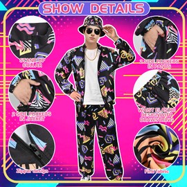 80s 90s Costume Tracksuit for Men, 80s Retro Outfit with Fishing Hat Sunglasses, Fashion Sportswear for Fancy Dress Disco Party, black
