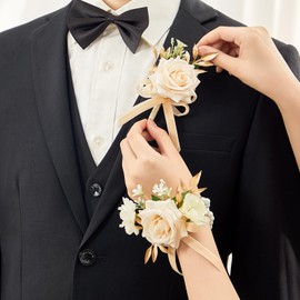 Serwalin Champagne Rose Corsage and Boutonniere Set,2Pcs Boutonniere and Wrist Corsage Wristband Roses Prom Flower Wedding Flowers Accessories Prom Suit Decorations