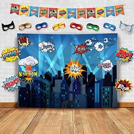 Superhero Birthday Fabric Backdrop – 62x43 Inches Polyester Photo Booth Banner with Comic Cityscape Design, Includes 20ft Hanging Rope for Indoor and Outdoor Party Decorations