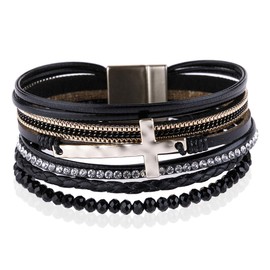 RIAH FASHION Bohemian Faux Leather Wrap Multi Layer Bracelet - Cross Leatherette Rhinestone Metallic Bead Bangle (Multi Metallic Cross - Black)