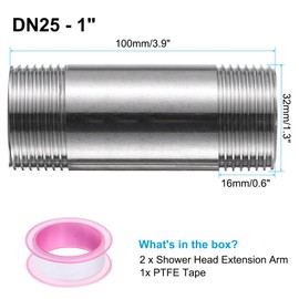 sourcing map 2pcs Shower Head Extension Arm 100mm(3.9") Length Stainless Steel Shower Head Extender Straight Pipe Fitting Pipe Extension with PTFE Tape for Bathroom, Silver Tone