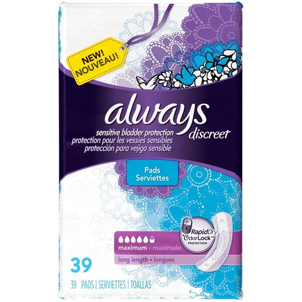 Always Discreet Incontinence Maximum Absorbency Pads, Long 39 ea (Pack of 3)