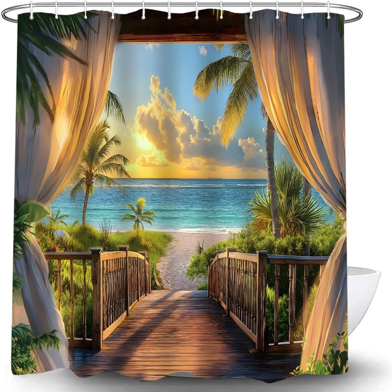KDYDK Ocean Beach Shower Curtain Teal Orange Sea Sunset View