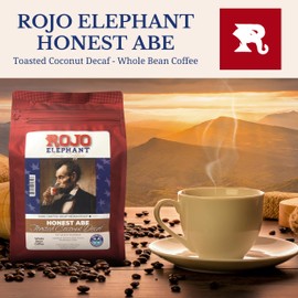Rojo Elephant Honest Abe Toasted Coconut Flavored Handcrafted Decaf Whole Bean Coffee, Single-Origin 100% Arabica Beans, Swiss Water, Mountain Water Process, Decaffeinated, 11 0z Pack