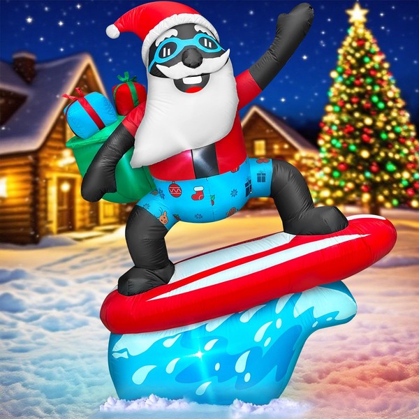 6FT Christmas Black Santa Surfing Inflatable -Christmas Yard Decoration Santa