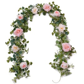 Anna's Whimsy 5.91FT Artificial Eucalyptus Garland with Flowers, Fake Rose Gypsophila Garland, Faux Floral Garland Greenery for Wedding Spring Valentine's Day Party Art Table Runner Decor (Pink, 1)