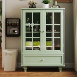 KEIKI Sideboard Buffet Cabinet with Glass Doors and Drawer, Wooden Storage Cabinet with Adjustable Shelf Modern Display Cabinet Cupboard for Living Room, Dining Room, Kitchen, Hallway & Entryway