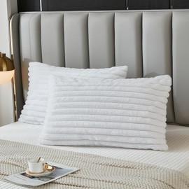 Uhamho Bed Pillowcase Queen Set of 2 Striped Faux Rabbit Fur and Velvet Back Rectangle Lumbar Pillow Covers Shams Modern Home Decorative (White, 20 x 30 Inch)