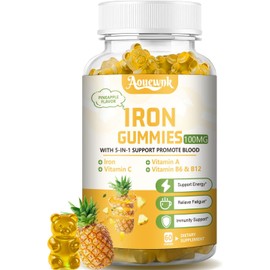 Iron Gummies 100mg – With Vitamins C, A & B – Supports Iron Deficiency, Immune Health & Energy – For Women, Men & Kids – Pineapple Flavor, Non-GMO – 60 Count (1 Pack)