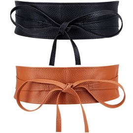 CRASPIRE 2 Colors Obi Style Waist Belt 224.6cm Imitation Faux Leather PU Black Brown Corset Cinch Tie Wide Waist band Retro Vintage Boho Obi Style Cinch Waistband Belt for Women Dress Sweater Coat