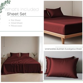 Linenwalas Queen Size Sheets Set, 100% Tencel Lyocell Sheets Set – Cooling Bed Sheets Set, Luxuriously Soft and Silky, Deep Pocket Up to 16", Breathable, Moisture Wicking Eucalyptus Sheets (Burgundy)