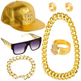 Peirich 80s 90s Costumes Outfit for Men Women Hip Hop Costume Kit Metal Chain Flat Top Sunglasses Rapper Large Chain Necklace and Bracelet Hip Hop Gold Cap